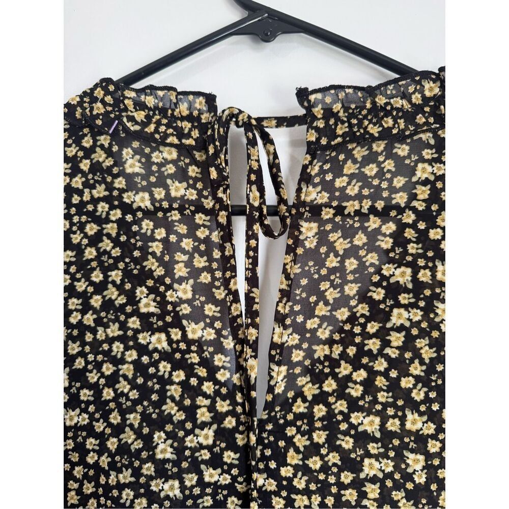 Aemi+Co Womens Black Floral Ruffled Puffy Sheer Babydoll Blouse sz S Boho Dainty - Picture 6 of 6